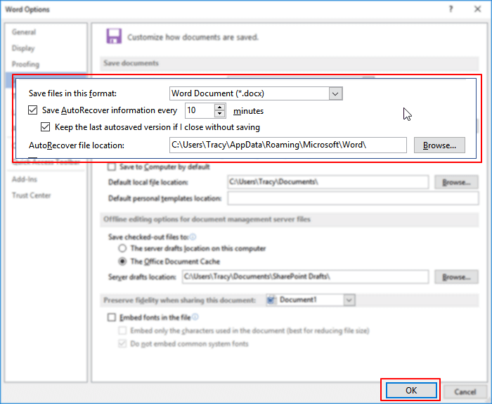 how to enable autorecover in Word