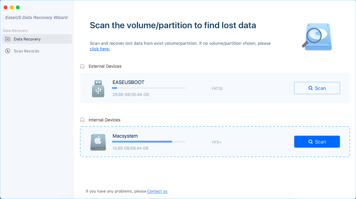 select the location where data was deleted and click scan