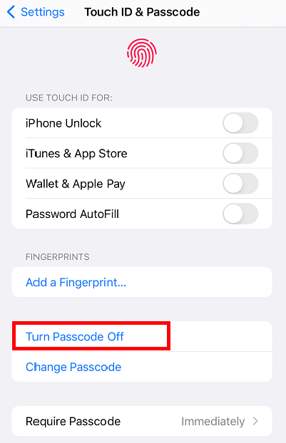 Turn passcode off in Settings