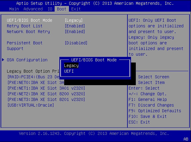 Boot to legacy BIOS or UEFI