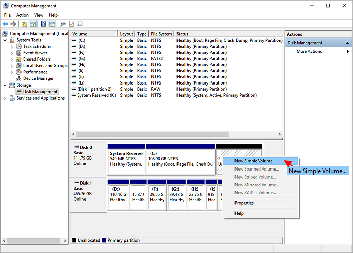 Create partition with disk management