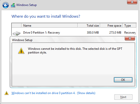 Can't install Windows on GPT