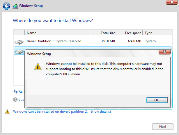 Windows cannot be installed on the disk due to disk controller issue