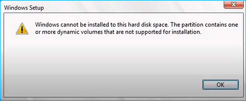 Windows cannot be installed on the disk due to dynamic issue