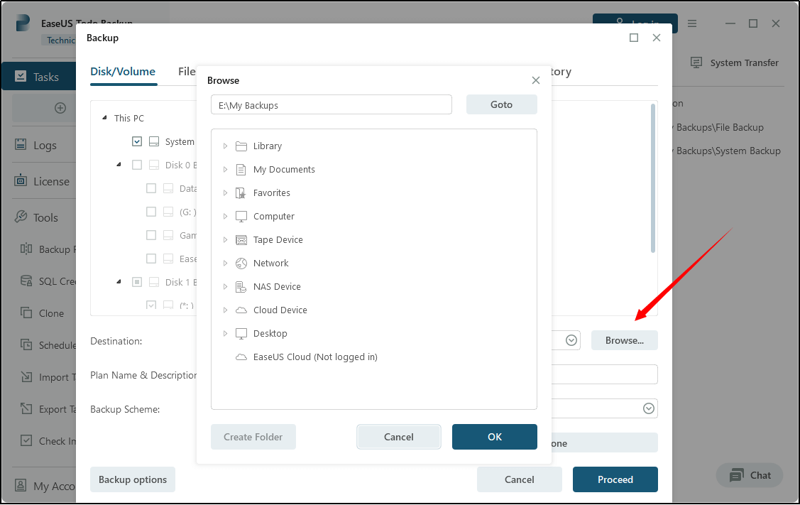 decide the destination to save the backup