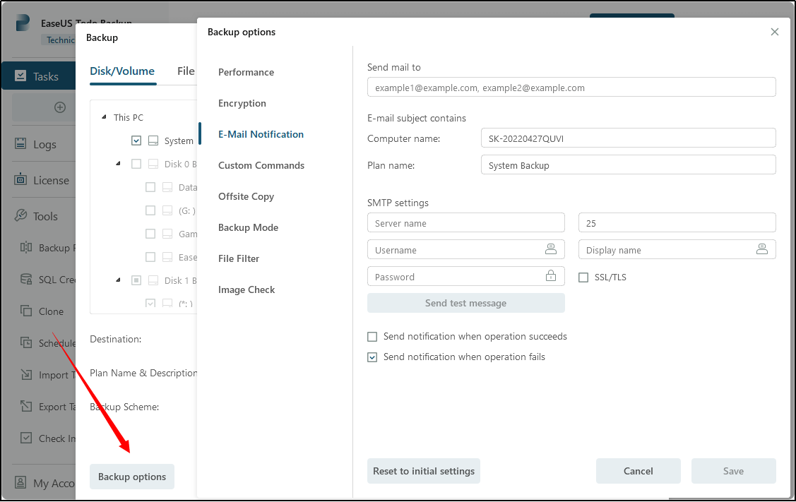 configure backup options