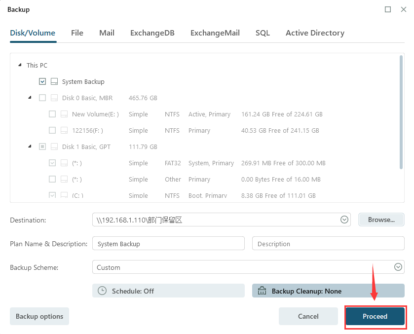 windows server back up to nas proceed