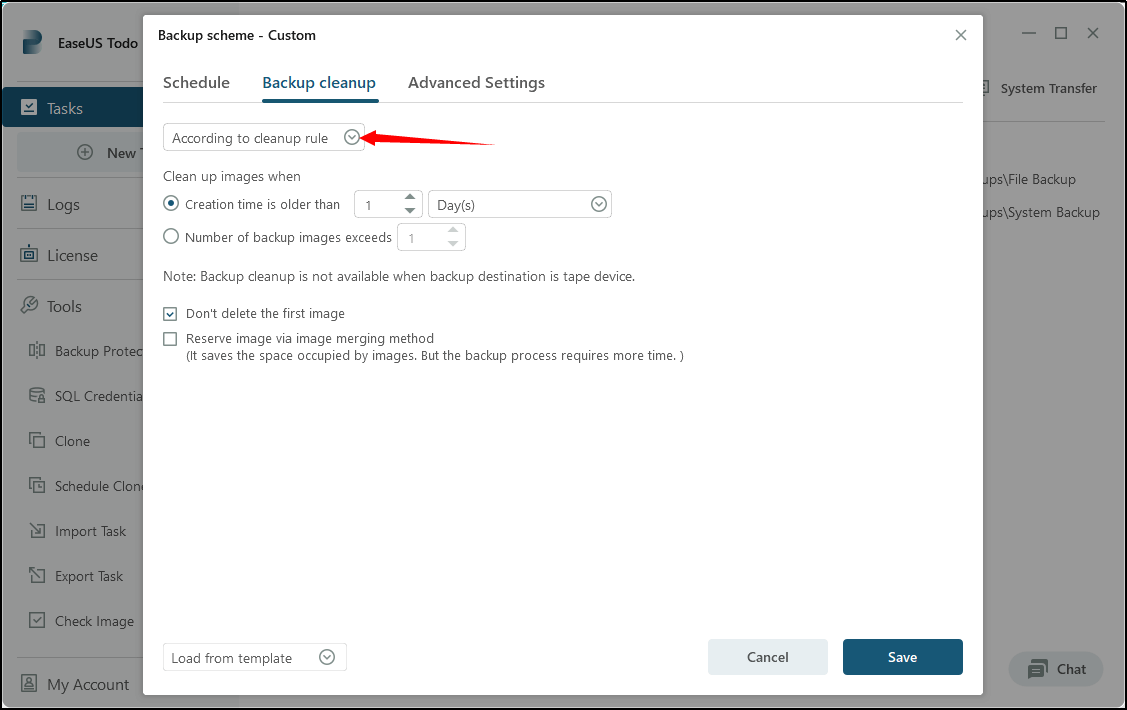 use backup cleanup to save space
