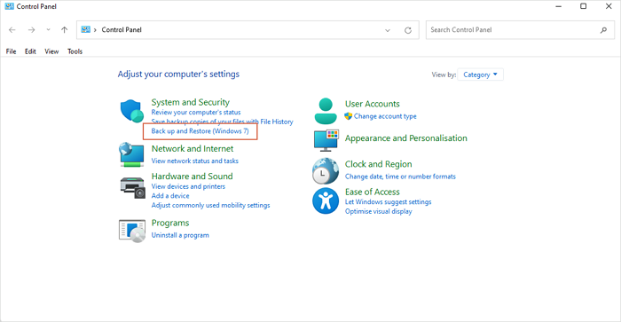 klik Cadangkan dan Pulihkan