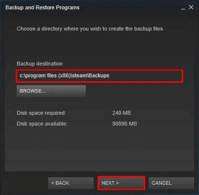 Choose location to save backed up games.