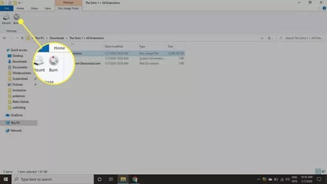 choose the burn button in file explorer's disk image tools