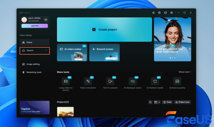 pilih tab Spce di CapCuit