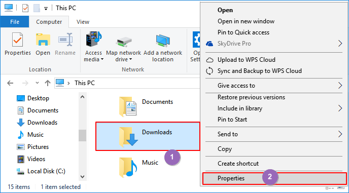 Open Downloads folder properties