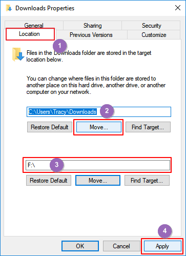 Change Downloads folder location on PC