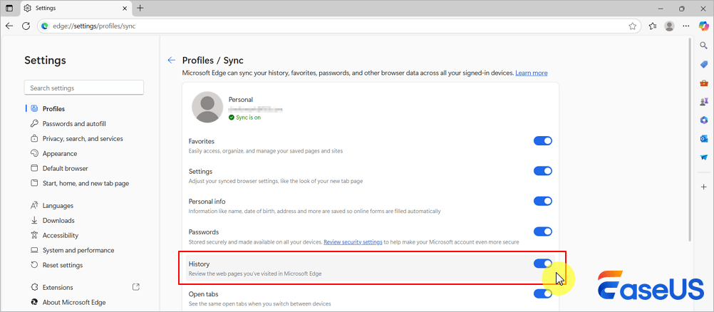 ověřte, zda je historie zapnutá