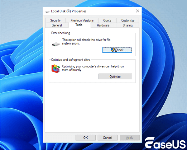 check disk errors in Windows 10 drive tool in Propertities