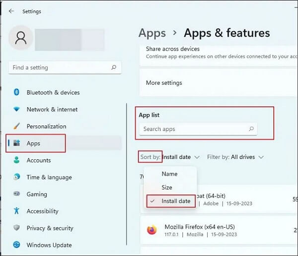 Urutkan aplikasi berdasarkan tanggal pemasangan