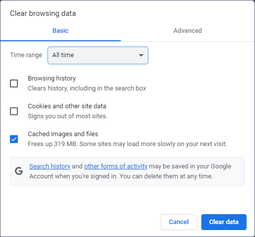 刪除瀏覽器中的暫存文件