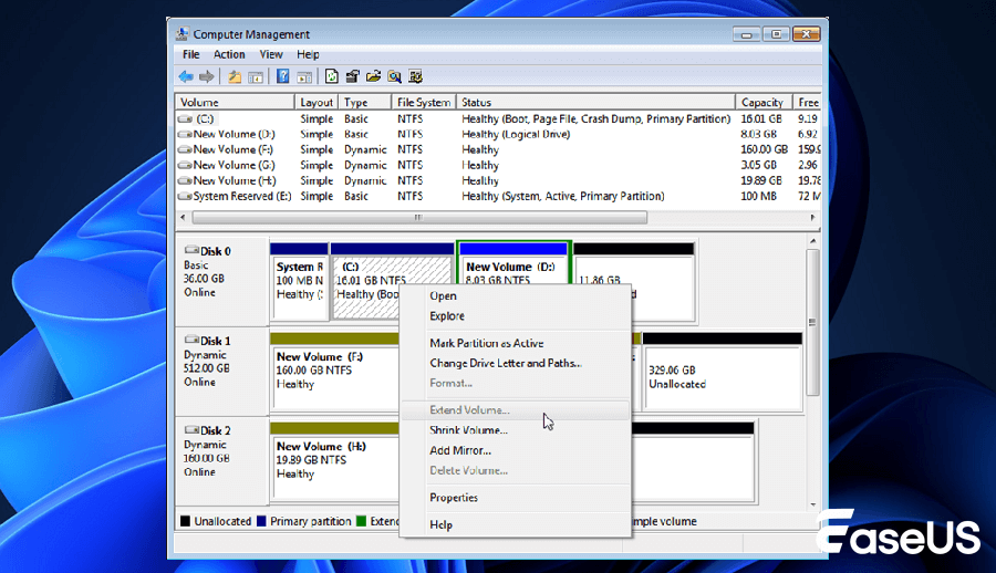 Expanda a unidade com o gerenciamento de disco.