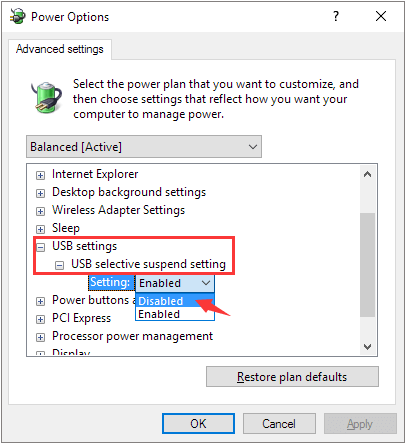 Disable USB selective suspend setting