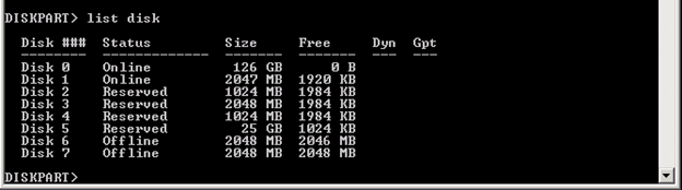 diskpart list disk command