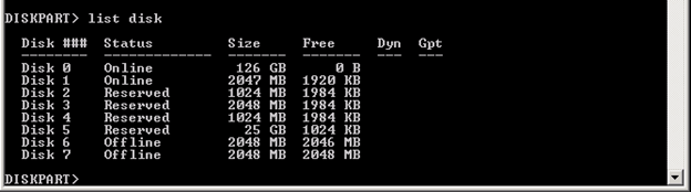 comando diskpart list disk