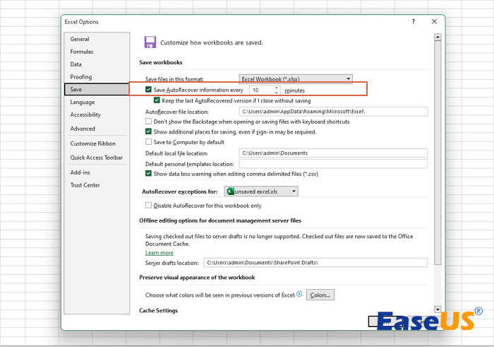 تمكين الحفظ التلقائي في Excel