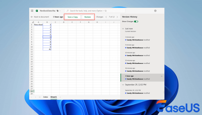 restore Excel files with Version History