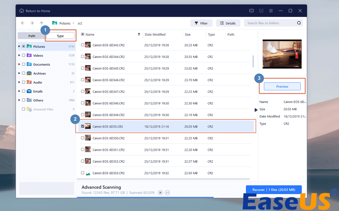choisissez le type pour filtrer les fichiers supprimés sur le disque dur externe Samsung