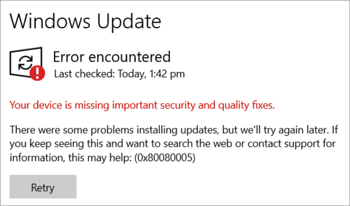 Windows update error 0x80080005