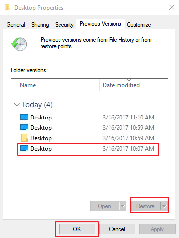 restore windows desktop files with previous version