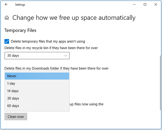stop Windows 10 deleting files automatically - set storage sense