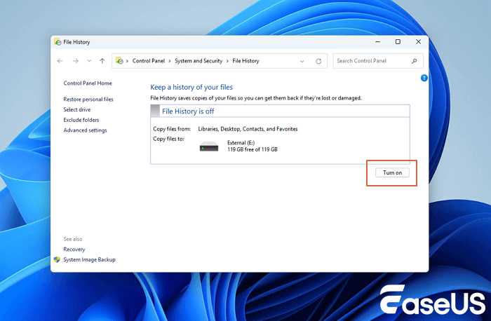Kapcsolja be a fájlelőzményeket a fájlok biztonsági mentéséhez