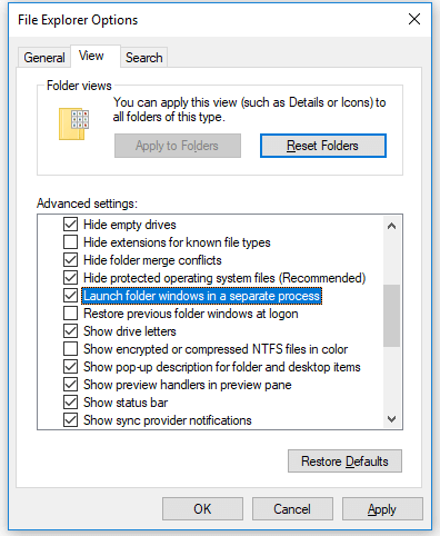  Fix Windows 10 File Explorer Keeps Crashing - launch folders in separate process