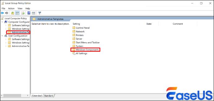 Vá para Modelos Administrativos e depois Componentes do Windows