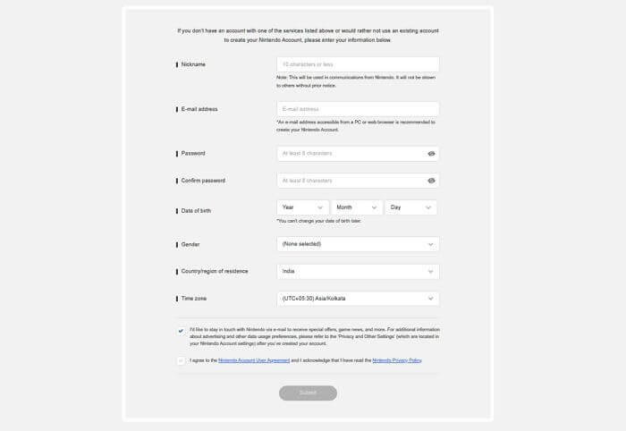 Formular zur Erstellung eines Nintendo-Kontos