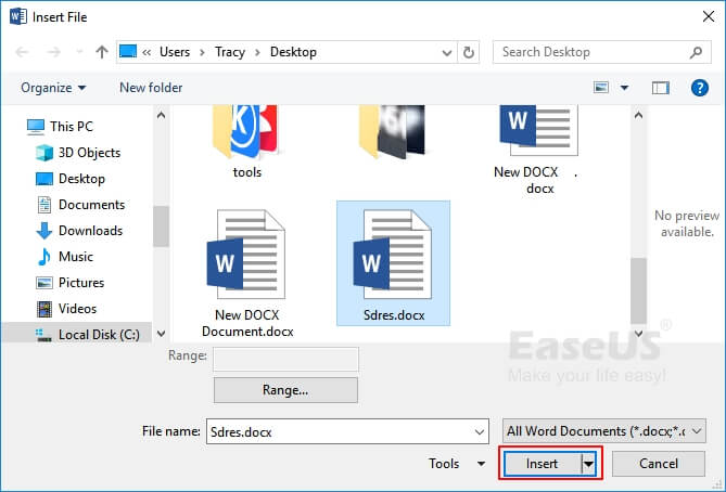 Word 2016-Datei in ein neues Dokument einfügen