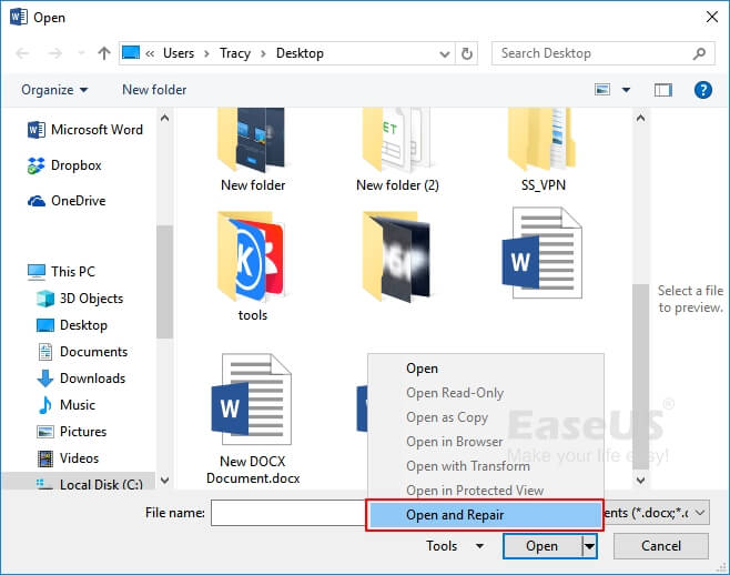 Word-Datei mit Öffnen und Reparieren reparieren