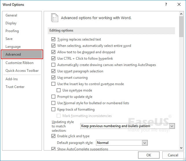Advaced-Einstellungen in Word 2016 öffnen