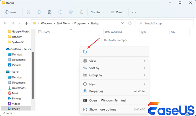 paste file in startup folder