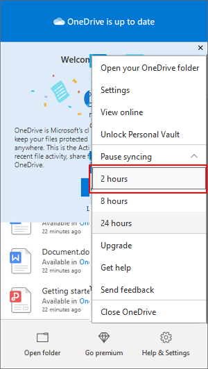 Pause syncing files in onedrive