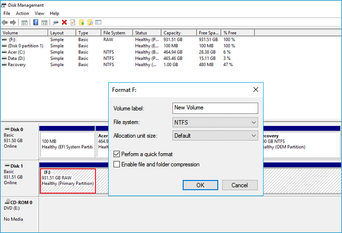 raw to ntfs with disk management
