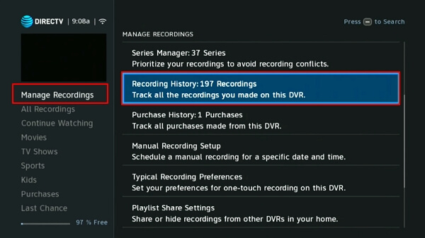 Restore deleted recordings from DirecTV history