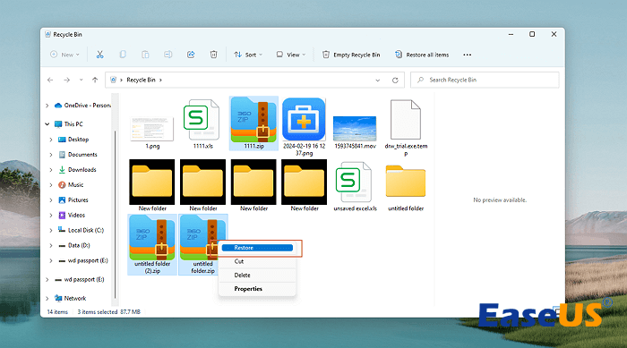 memulihkan file Zip yang dihapus dari Recycle Bin