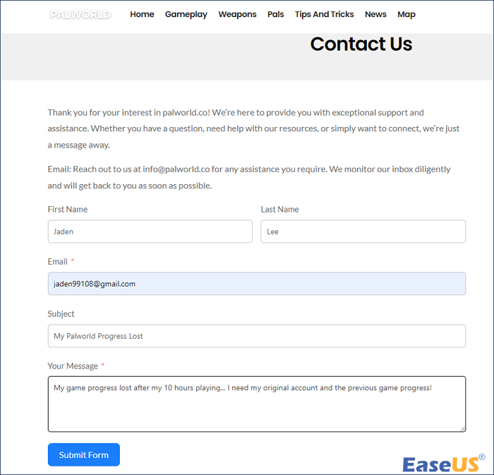 wyślij e-mail do pomocy technicznej Palworld