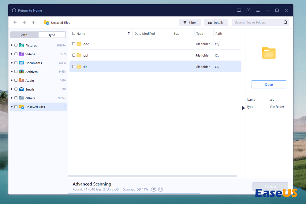 wybierz folder xlb, aby odzyskać niezapisany program Excel