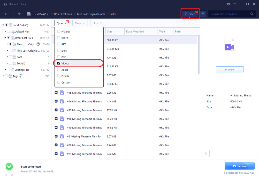 Select The Type Of Data File To Scan For Lost Files