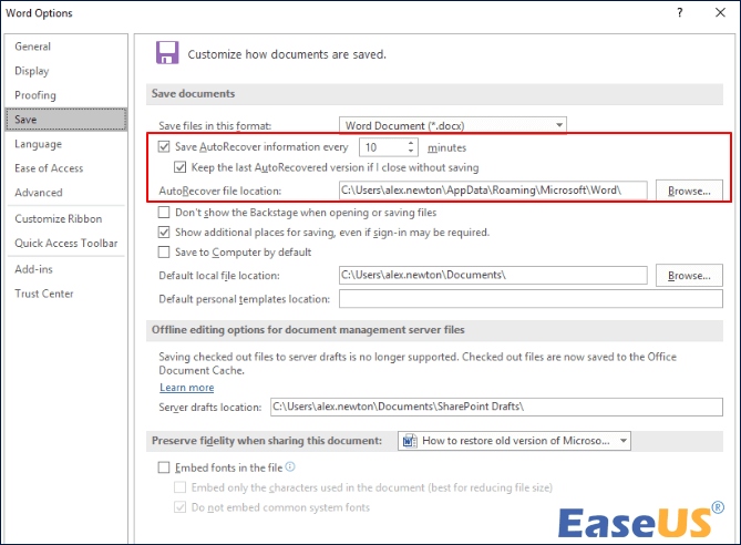 حفظ معلومات الاسترداد التلقائي