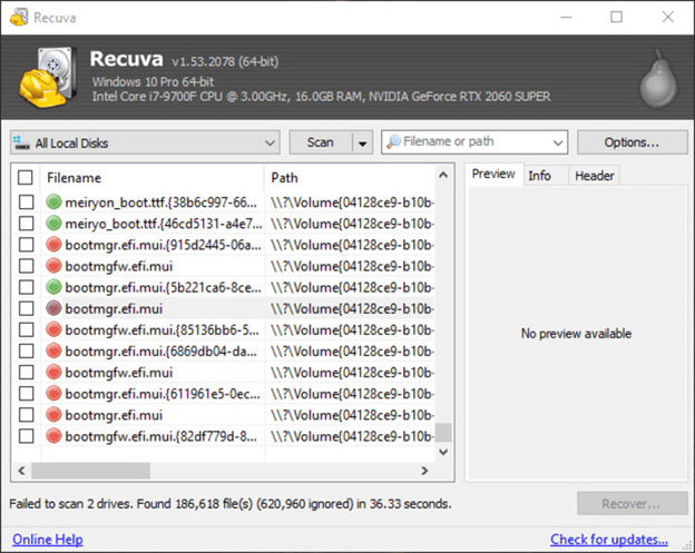 Recuva data retrieval software