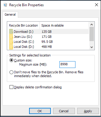 Change recycle bin size